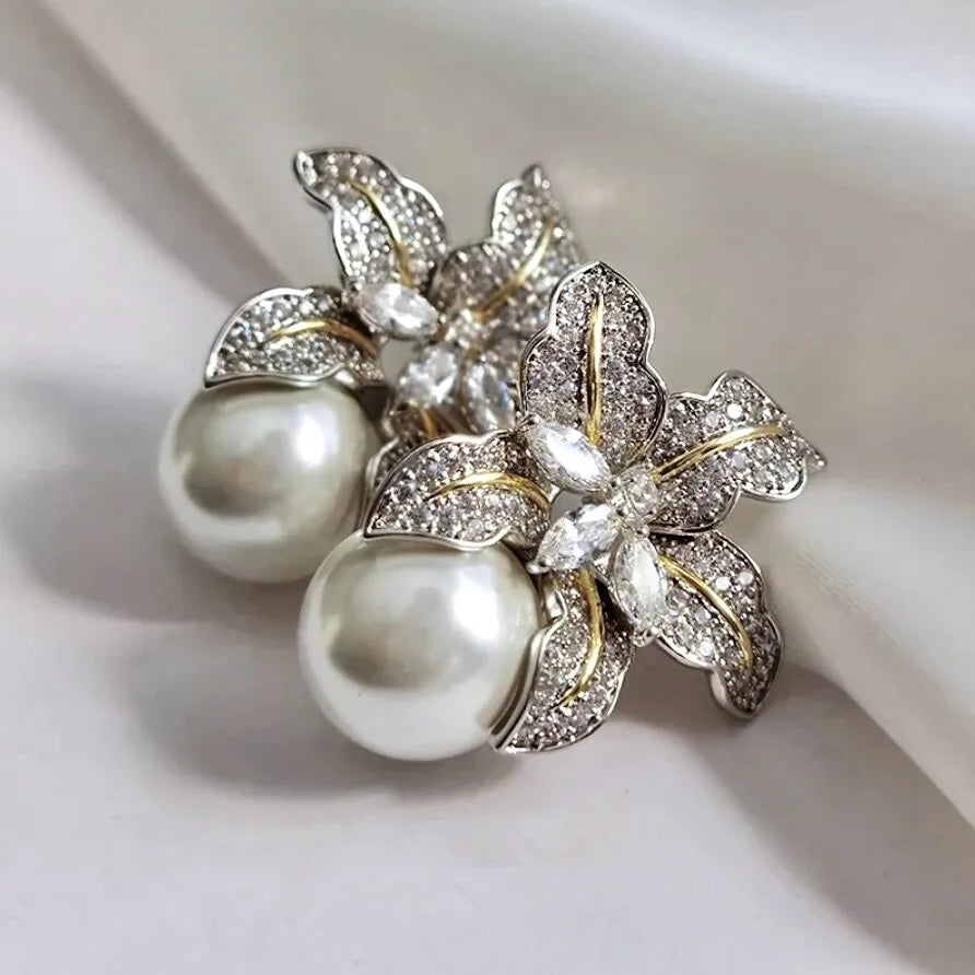 Wedding Jewelry - Orchid Two-Tone Pearl and Cubic Zirconia Bridal Earrings