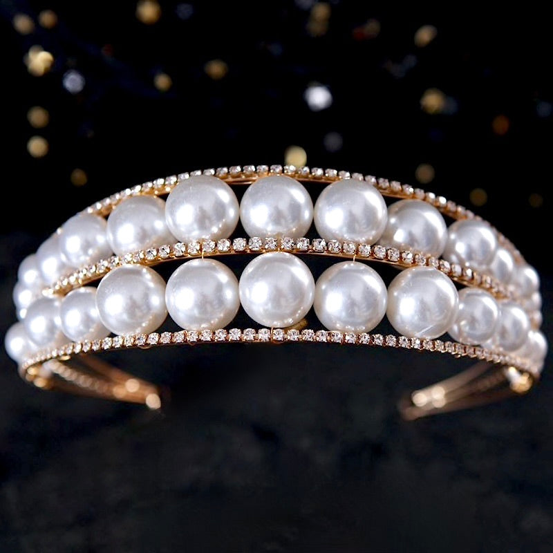 Wedding Hair Accessories - Oversized Double Pearl Bridal Headband / Tiara - Available in Silver and Gold