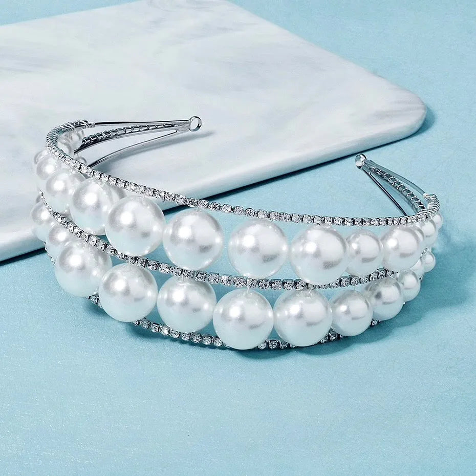 Wedding Hair Accessories - Oversized Double Pearl Bridal Headband / Tiara - Available in Silver and Gold