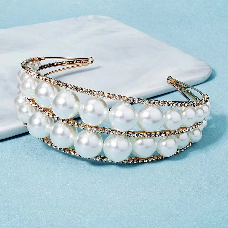 Wedding Hair Accessories - Oversized Double Pearl Bridal Headband / Tiara - Available in Silver and Gold