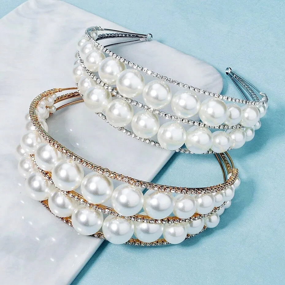 Wedding Hair Accessories - Oversized Double Pearl Bridal Headband / Tiara - Available in Silver and Gold