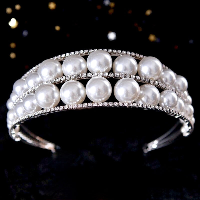 Wedding Hair Accessories - Oversized Double Pearl Bridal Headband / Tiara - Available in Silver and Gold