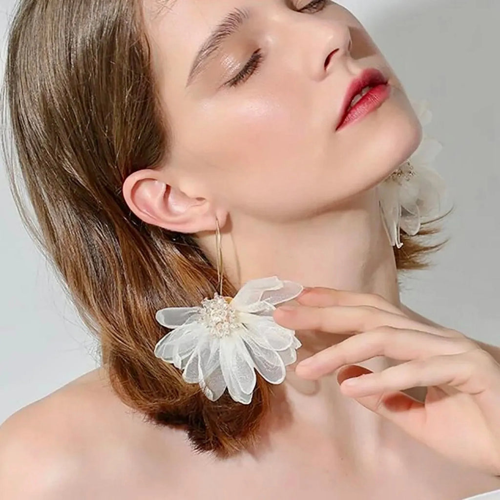 Wedding Pearl Jewelry - Bohemian Silk Flowers Bridal Earrings