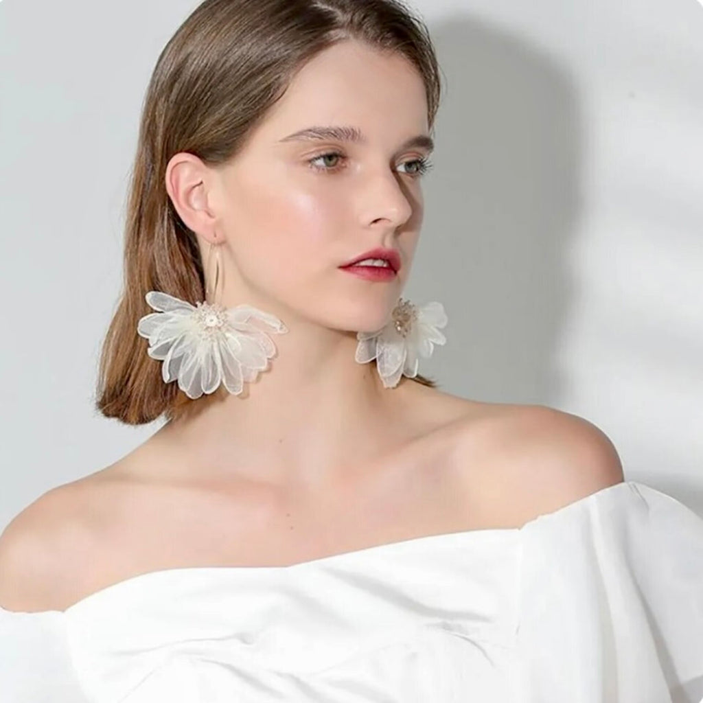 Wedding Pearl Jewelry - Bohemian Silk Flowers Bridal Earrings