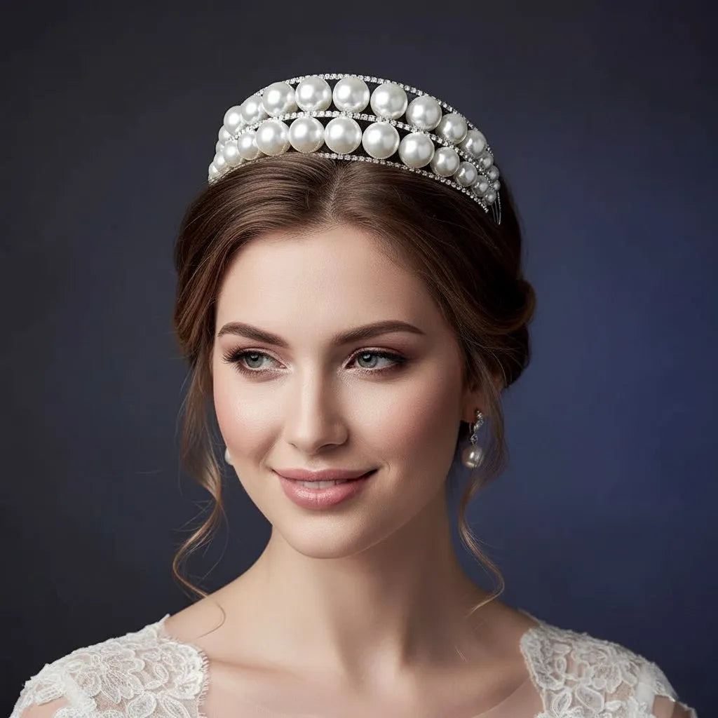Double Pearl Bridal Headband Tiara – Oversized Wedding Hair  display picture 1