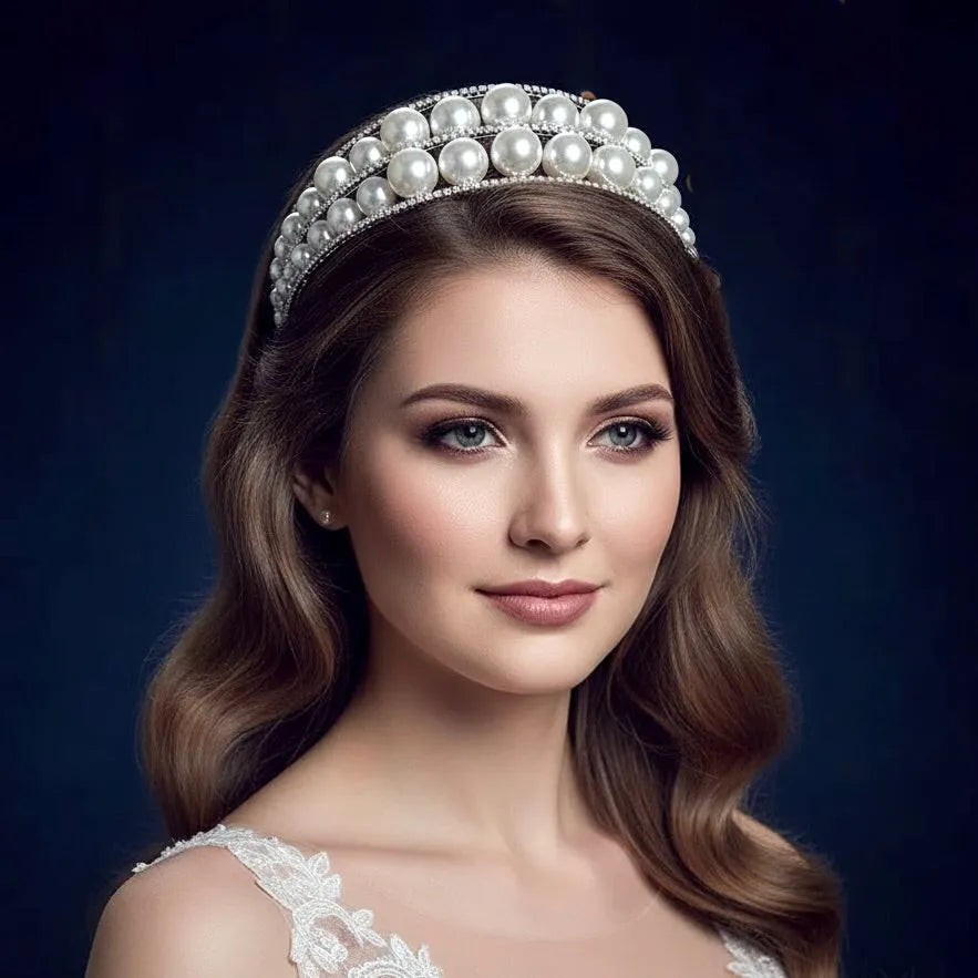 Wedding Hair Accessories - Oversized Double Pearl Bridal Headband / Tiara - Available in Silver and Gold