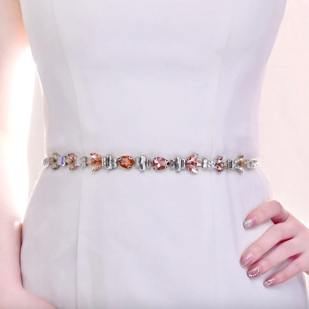 Wedding Accessories - Peach Crystal Bridal Belt/Sash