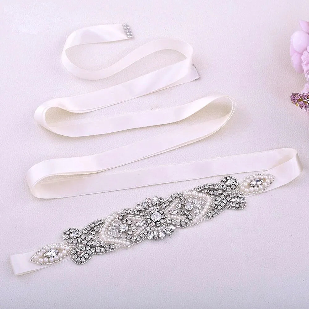 Wedding Accessories - Wedding Silver Crystal and Pearls Belt/Sash