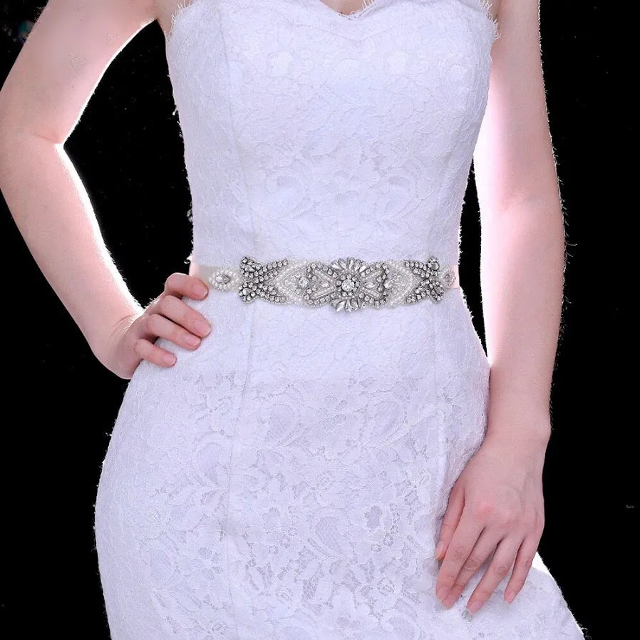 Wedding Accessories - Wedding Silver Crystal and Pearls Belt/Sash