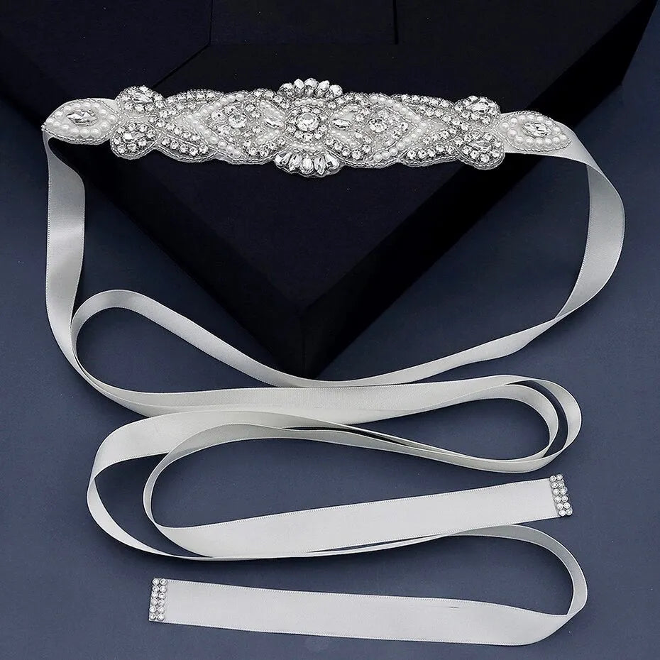 Wedding Accessories - Wedding Silver Crystal and Pearls Belt/Sash