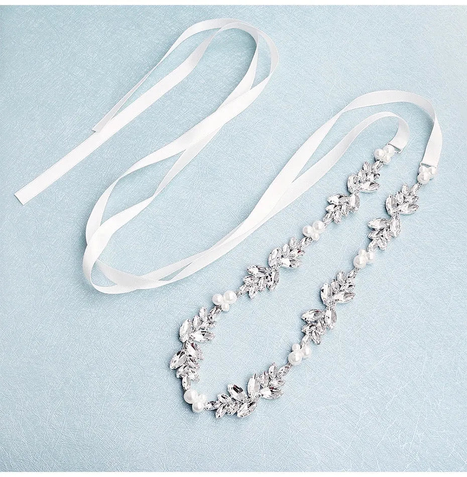 Wedding Accessories - Silver Pearl and Crystal Bridal Belt/Sash