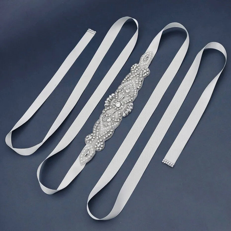 Wedding Accessories - Wedding Silver Crystal and Pearls Belt/Sash