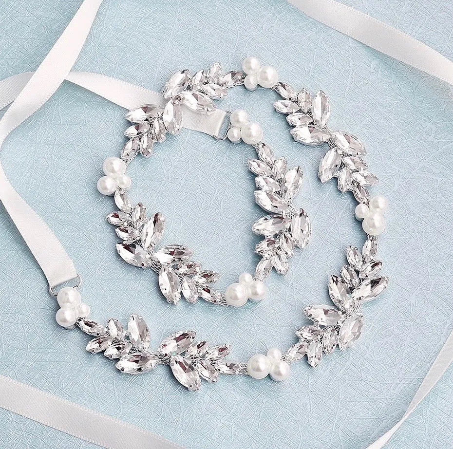 Wedding Accessories - Silver Pearl and Crystal Bridal Belt/Sash