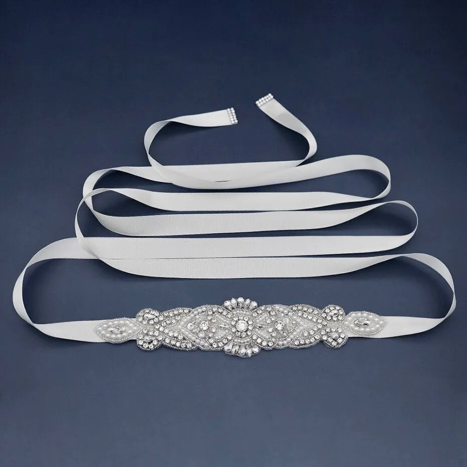 Wedding Accessories - Wedding Silver Crystal and Pearls Belt/Sash