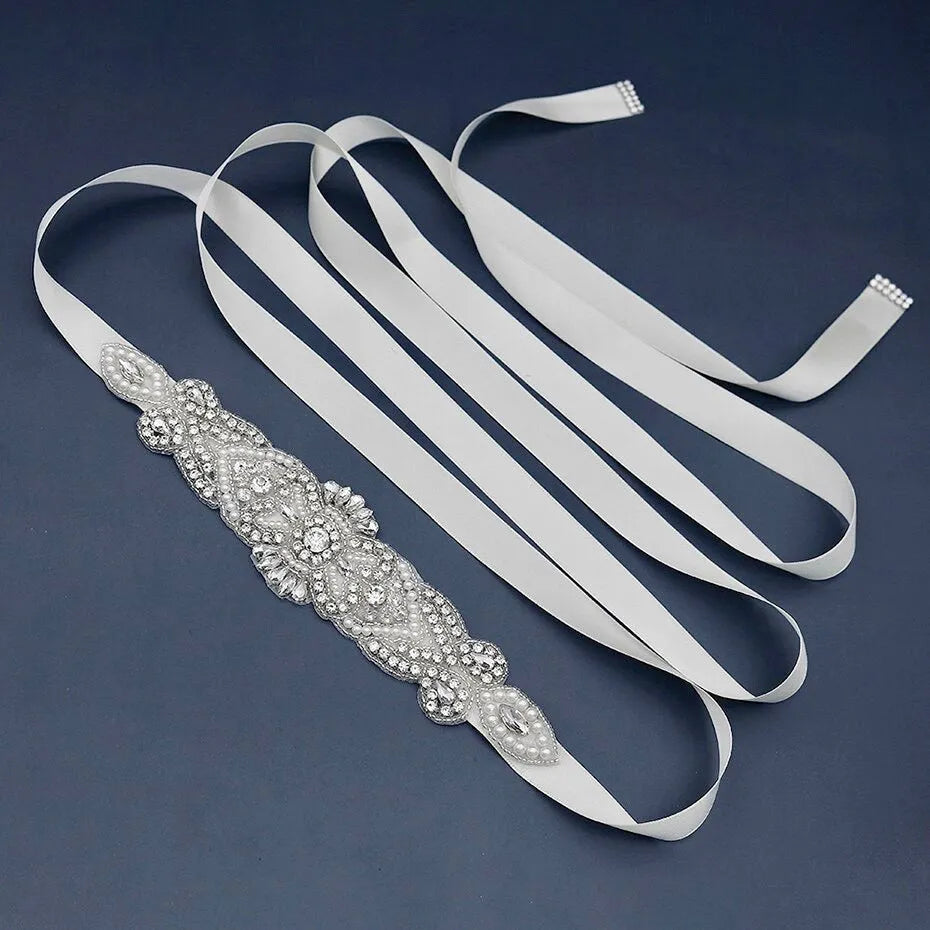 Wedding Accessories - Wedding Silver Crystal and Pearls Belt/Sash