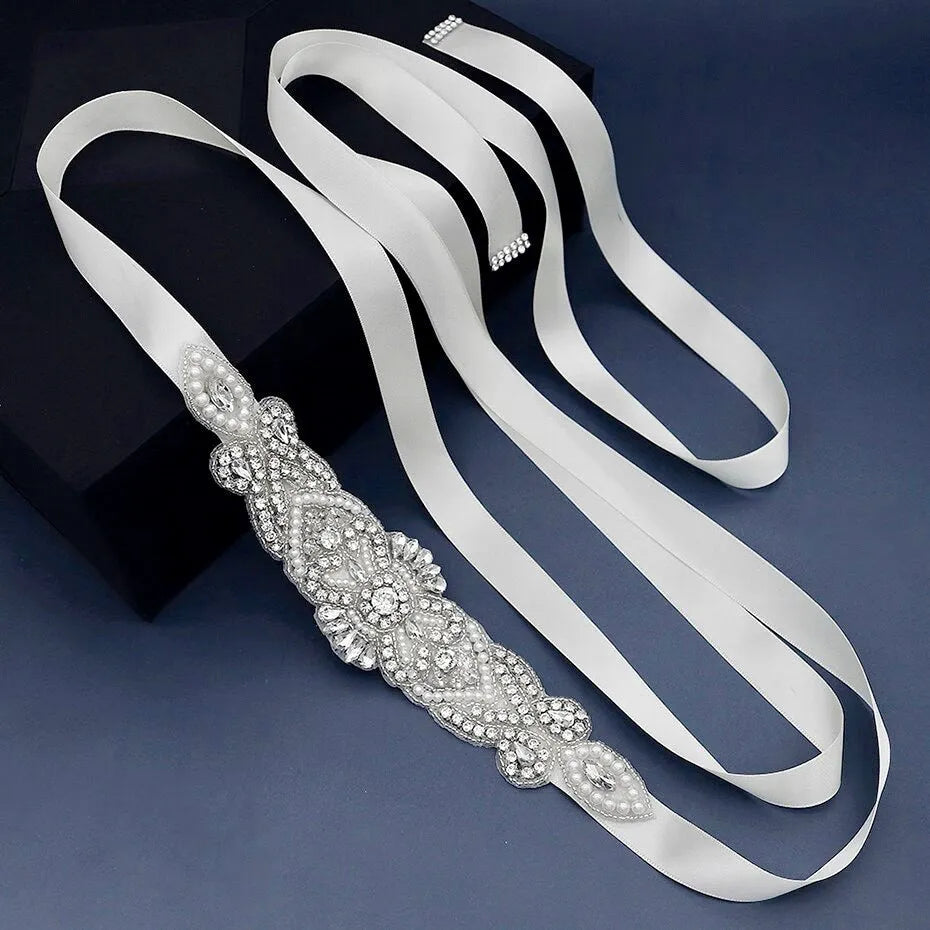 Wedding Accessories - Wedding Silver Crystal and Pearls Belt/Sash