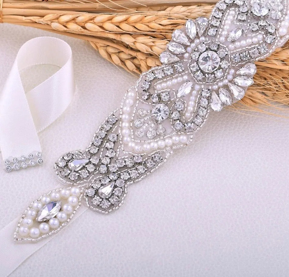 Wedding Accessories - Wedding Silver Crystal and Pearls Belt/Sash