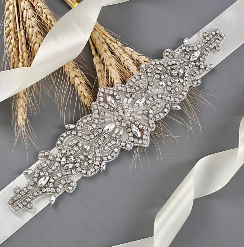 Wedding Accessories - Wedding Silver Crystal and Pearls Belt/Sash