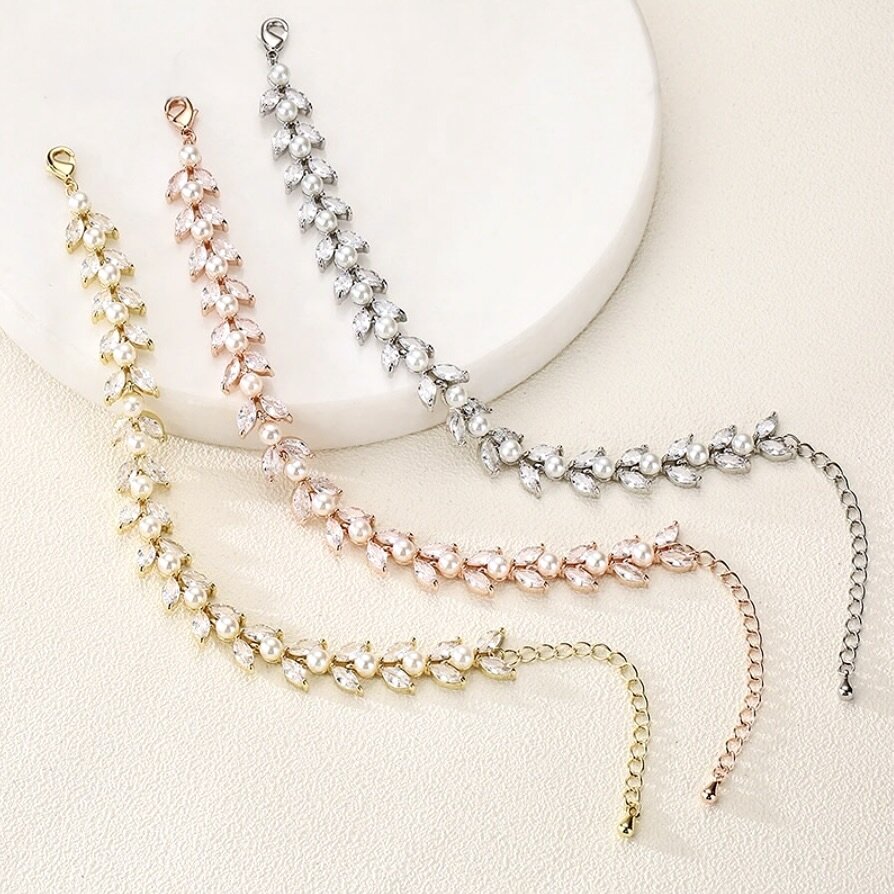Pearl Wedding Jewelry - Pearl Bridal Bracelet - Available in Silver, Rose Gold and Yellow Gold