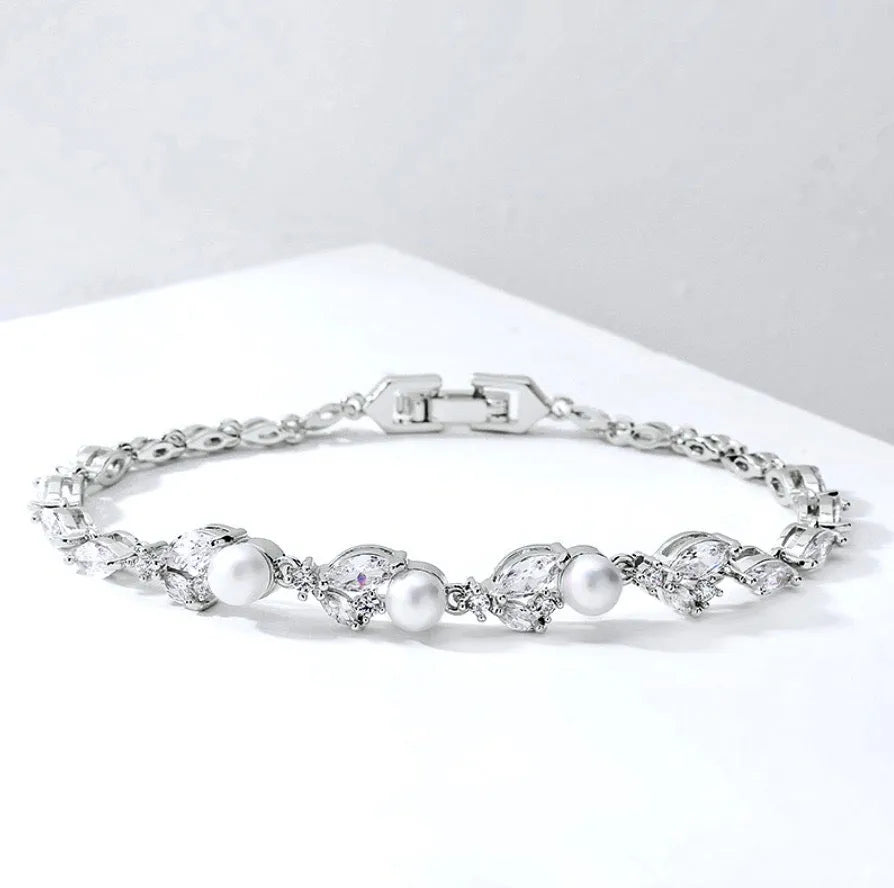 Pearl Wedding Jewelry - Pearl and Cubic Zirconia Bridal Bracelet - Available in Silver, Rose Gold and Yellow Gold