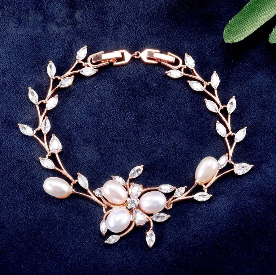 Wedding Jewelry - Freshwater Pearl and Cubic Zirconia Bridal Bracelet - Available in Silver, Rose Gold and Yellow Gold