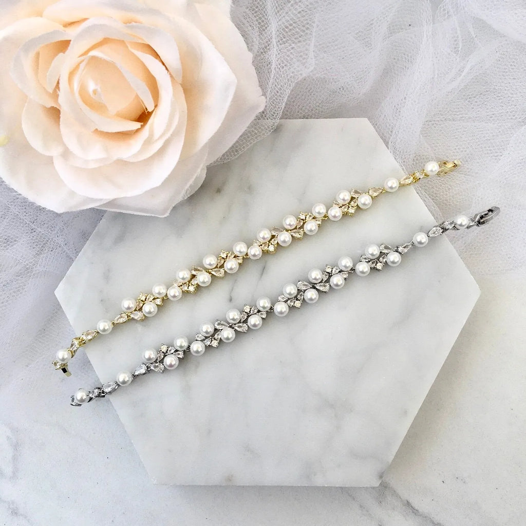 Pearl Wedding Jewelry - Pearl and Cubic Zirconia Bridal Bracelet - Available in Gold and Silver
