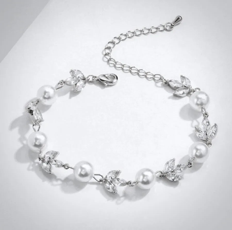 Pearl Wedding Jewelry - Pearl and Cubic Zirconia Bridal Bracelet - Available in Silver, Rose Gold and Yellow Gold