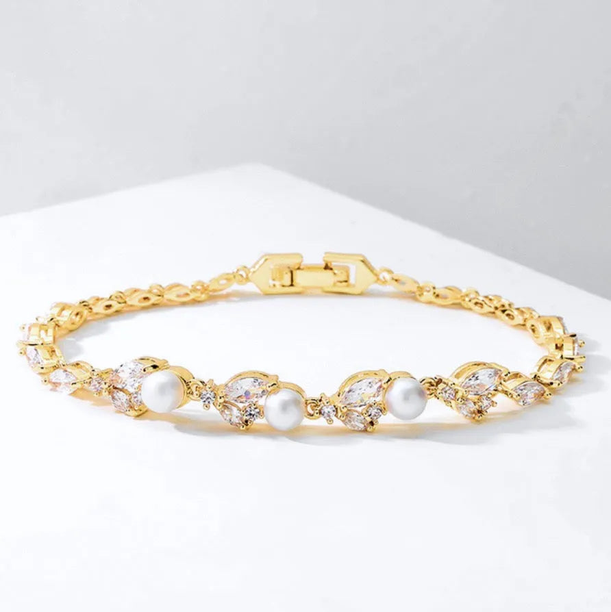 Pearl Wedding Jewelry - Pearl and Cubic Zirconia Bridal Bracelet - Available in Silver, Rose Gold and Yellow Gold