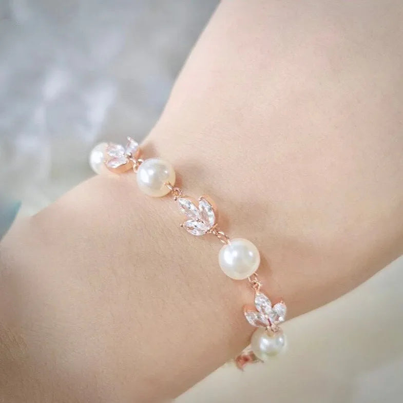 Pearl Wedding Jewelry - Pearl and Cubic Zirconia Bridal Bracelet - Available in Silver, Rose Gold and Yellow Gold