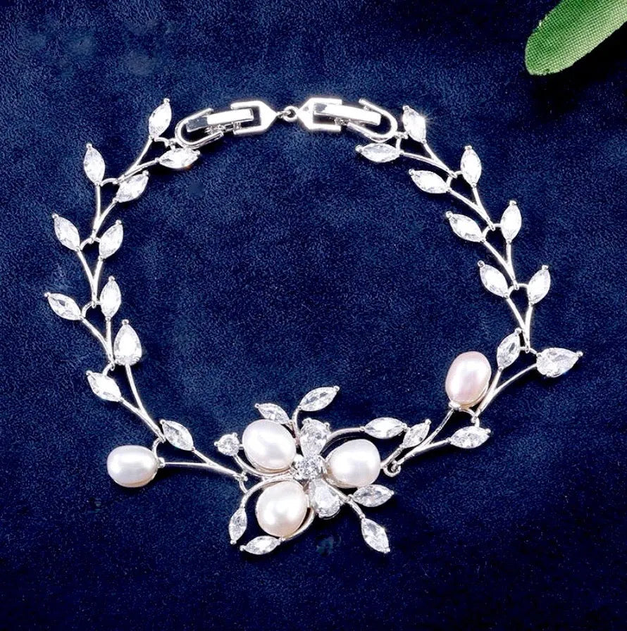 Wedding Jewelry - Freshwater Pearl and Cubic Zirconia Bridal Bracelet - Available in Silver, Rose Gold and Yellow Gold