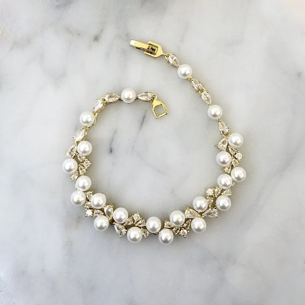 Pearl Wedding Jewelry - Pearl and Cubic Zirconia Bridal Bracelet - Available in Gold and Silver