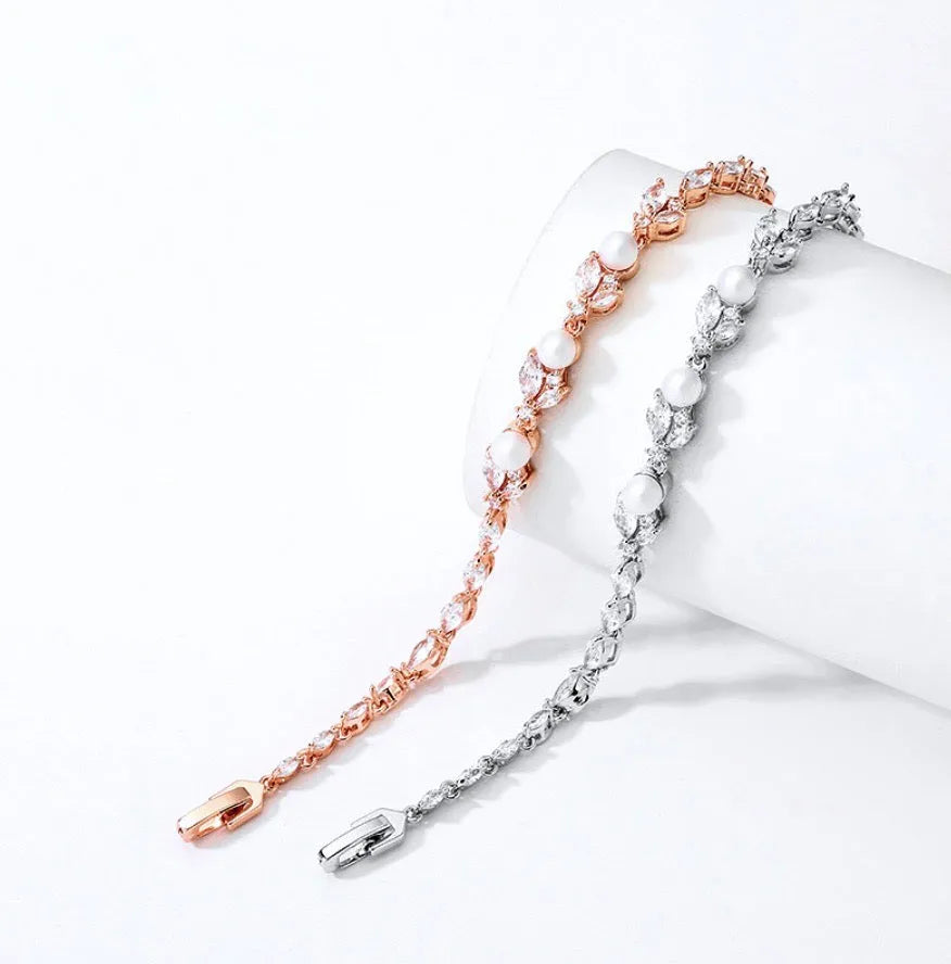 Pearl Wedding Jewelry - Pearl and Cubic Zirconia Bridal Bracelet - Available in Silver, Rose Gold and Yellow Gold