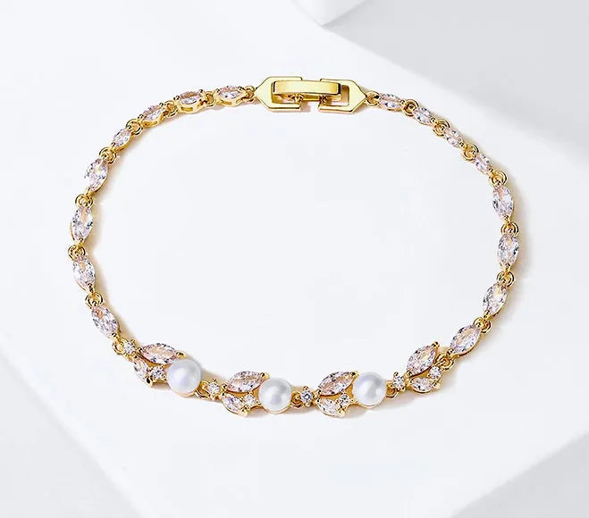 Pearl Wedding Jewelry - Pearl and Cubic Zirconia Bridal Bracelet - Available in Silver, Rose Gold and Yellow Gold