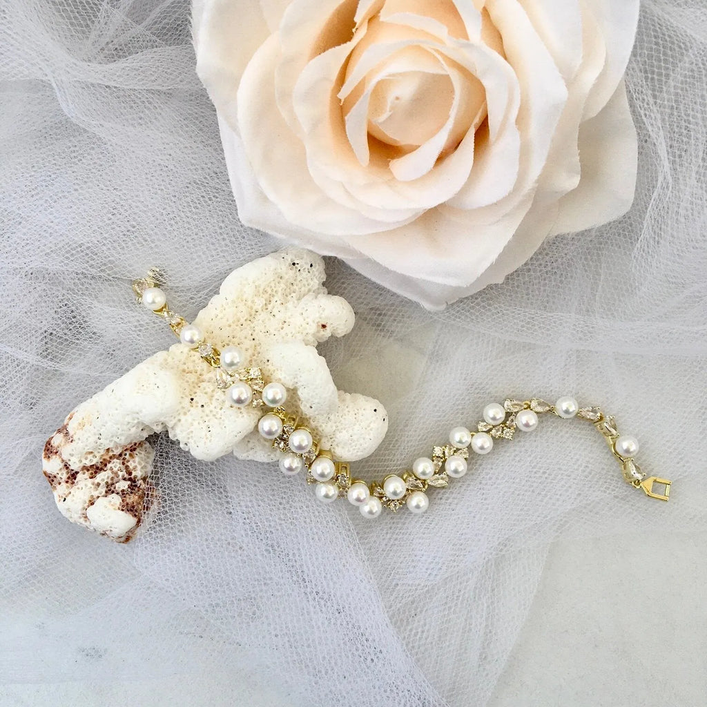 Pearl Wedding Jewelry - Pearl and Cubic Zirconia Bridal Bracelet - Available in Gold and Silver