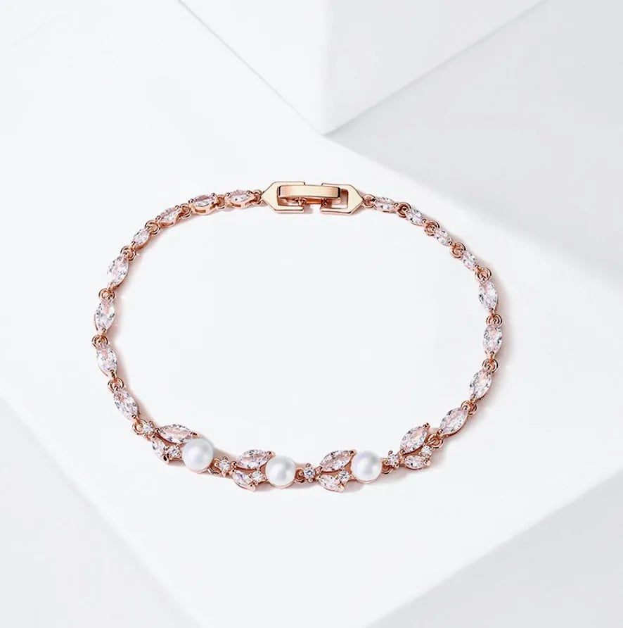Pearl Wedding Jewelry - Pearl and Cubic Zirconia Bridal Bracelet - Available in Silver, Rose Gold and Yellow Gold