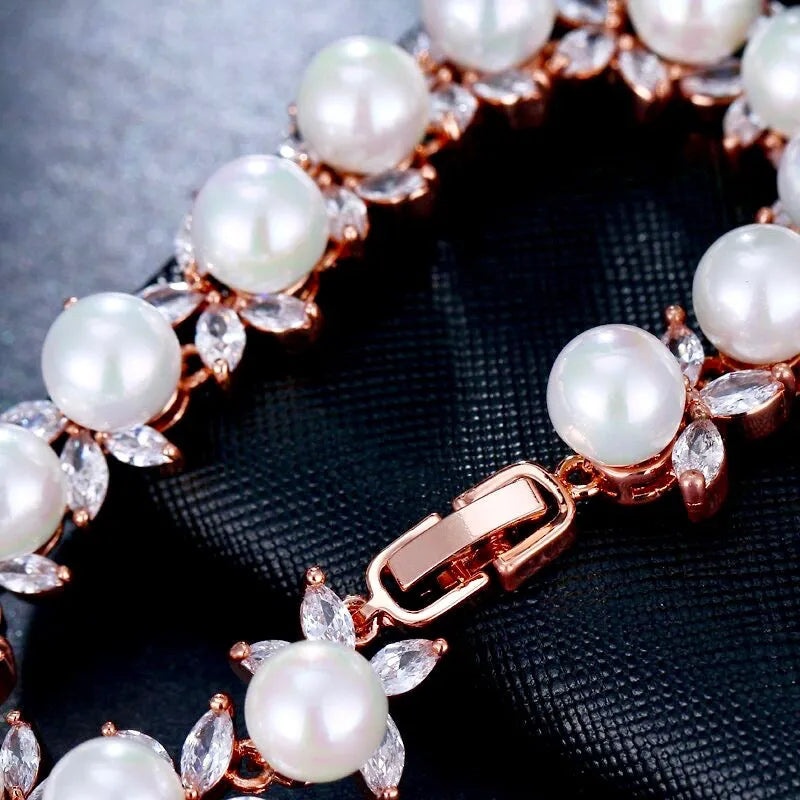 Wedding Jewelry - Pearl and Cubic Zirconia Bridal Bracelet - Available in Silver, Rose Gold and Yellow Gold