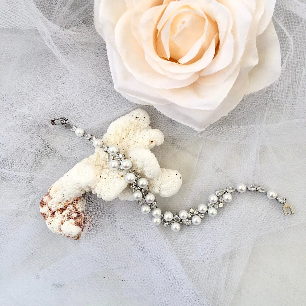 Pearl Wedding Jewelry - Pearl and Cubic Zirconia Bridal Bracelet - Available in Gold and Silver