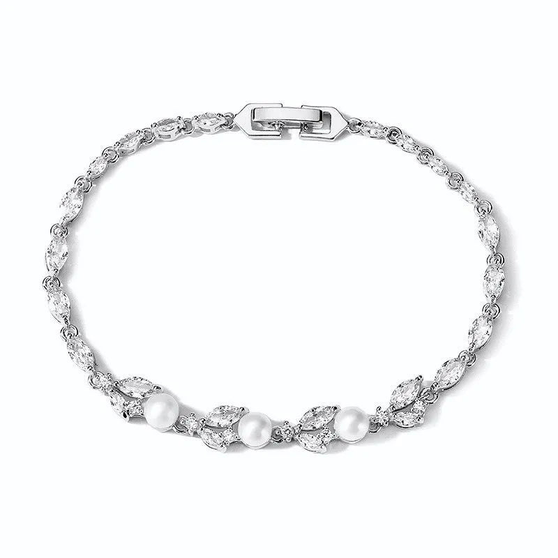 Pearl Wedding Jewelry - Pearl and Cubic Zirconia Bridal Bracelet - Available in Silver, Rose Gold and Yellow Gold