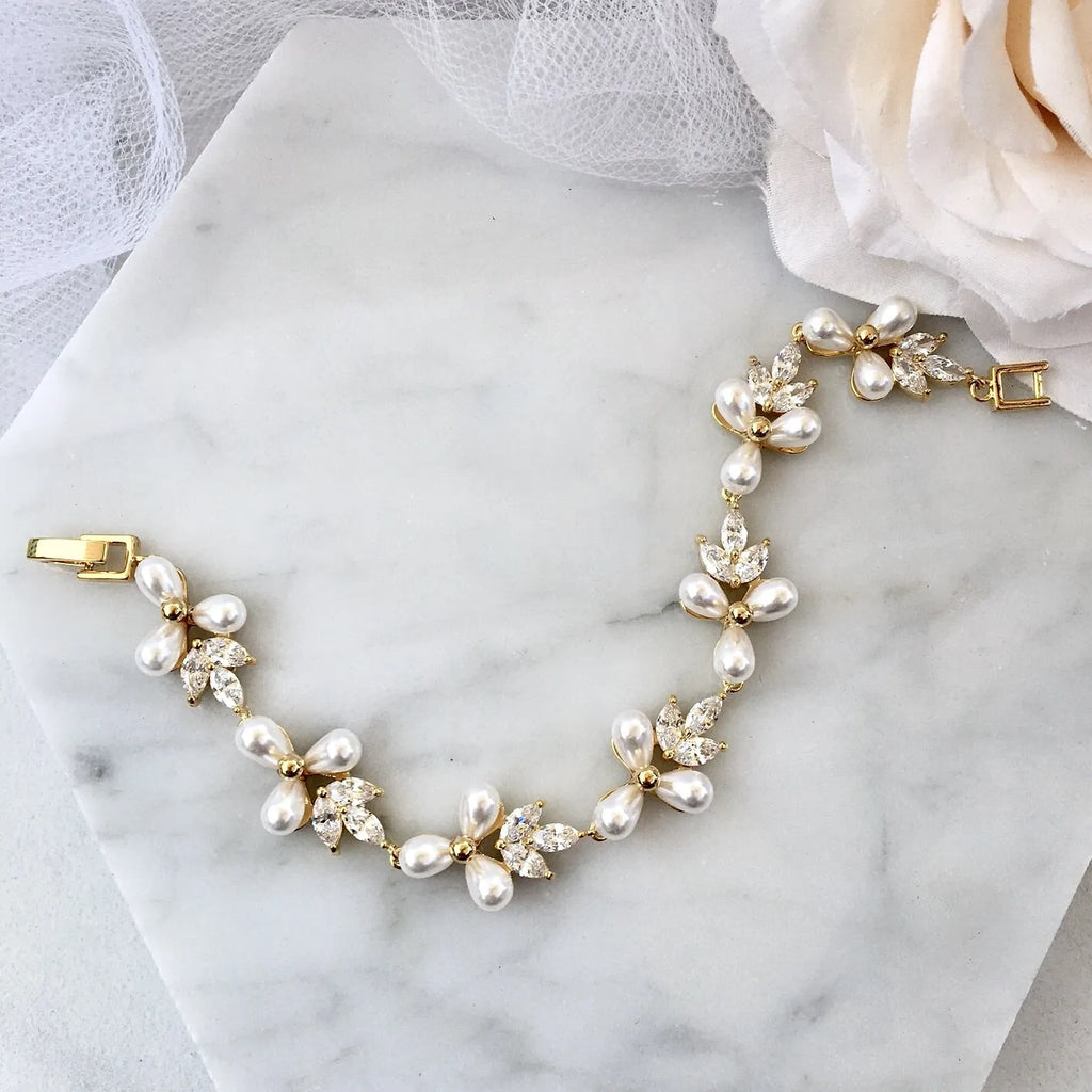 Wedding Jewelry - Pearl and Cubic Zirconia Bridal Bracelet - Available in Silver and Gold