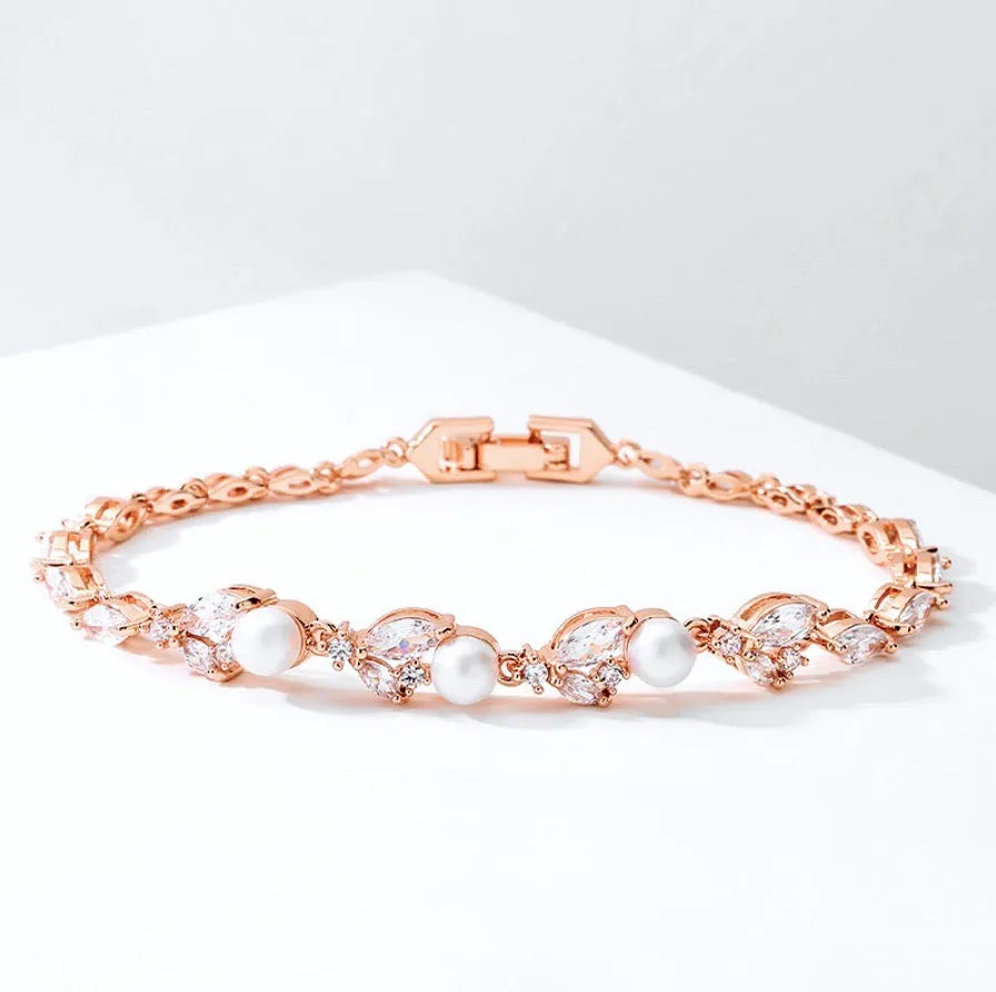 Pearl Wedding Jewelry - Pearl and Cubic Zirconia Bridal Bracelet - Available in Silver, Rose Gold and Yellow Gold