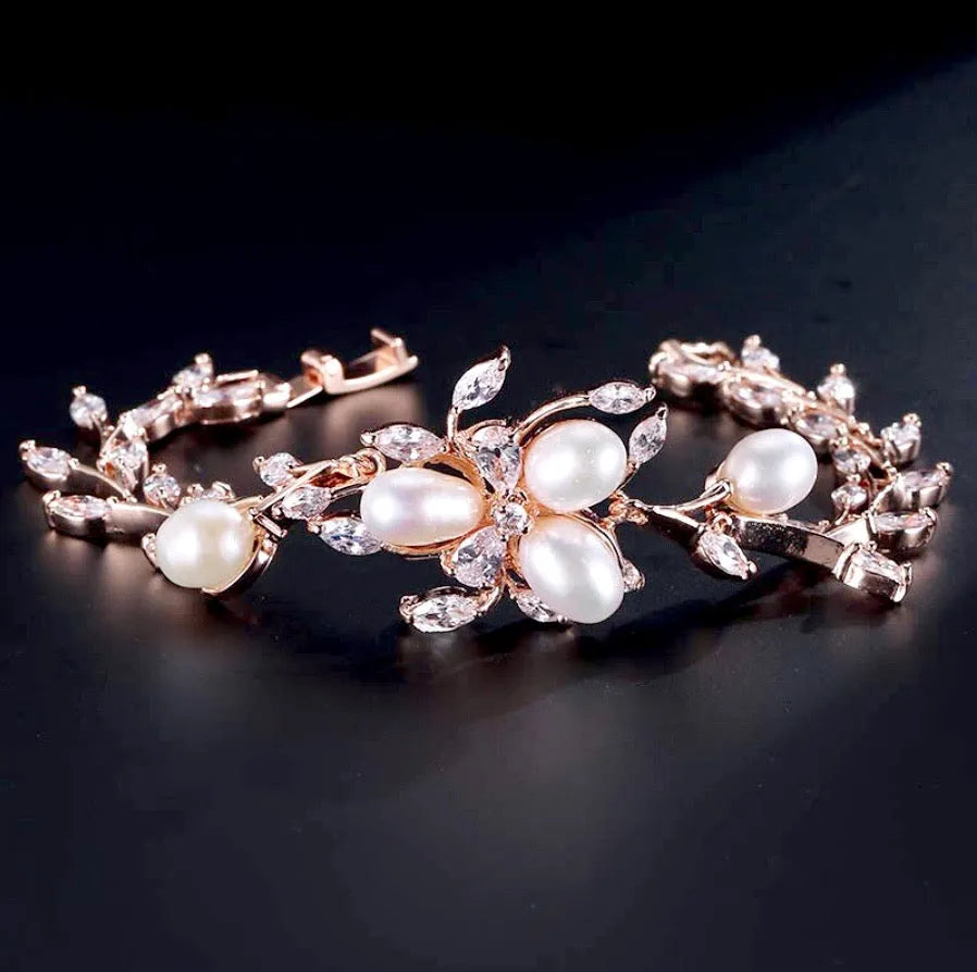 Wedding Jewelry - Freshwater Pearl and Cubic Zirconia Bridal Bracelet - Available in Silver, Rose Gold and Yellow Gold