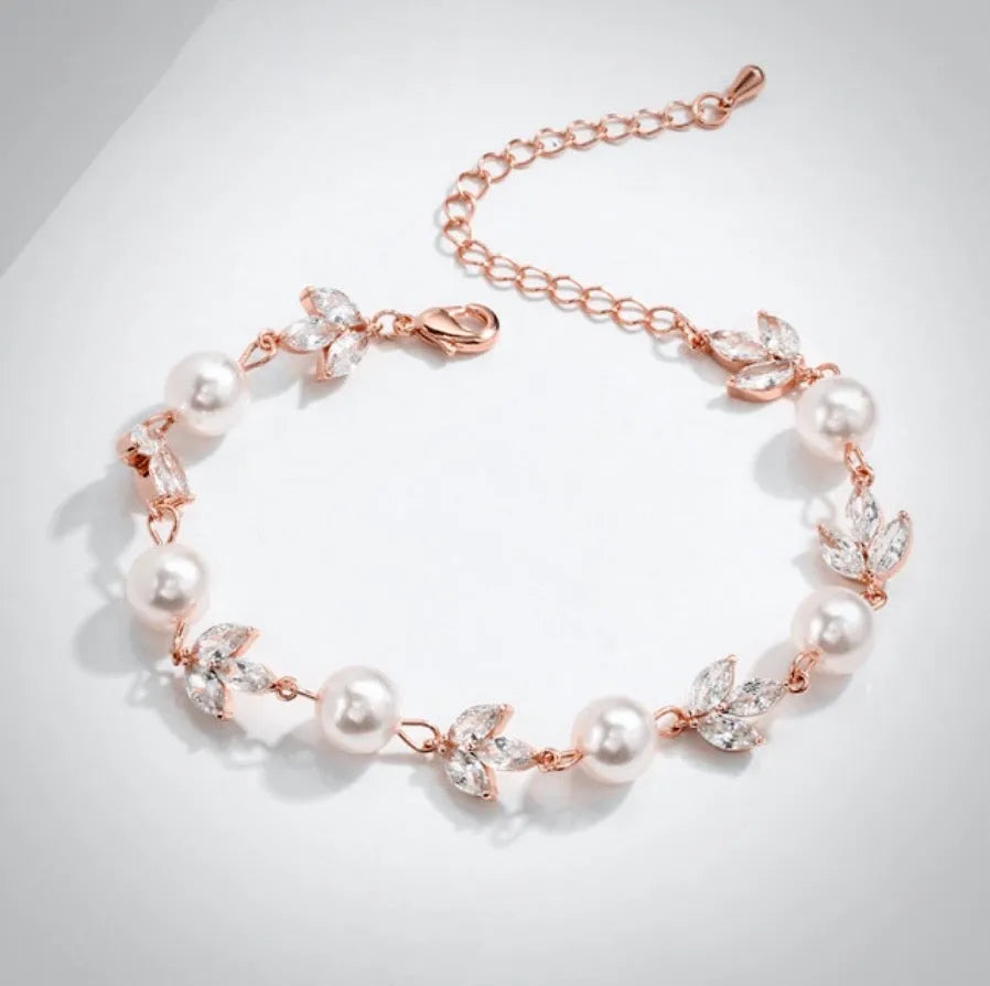 Pearl Wedding Jewelry - Pearl and Cubic Zirconia Bridal Bracelet - Available in Silver, Rose Gold and Yellow Gold