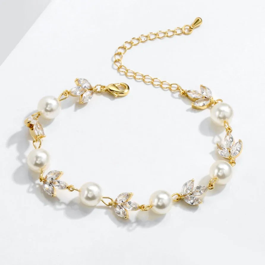 Pearl Wedding Jewelry - Pearl and Cubic Zirconia Bridal Bracelet - Available in Silver, Rose Gold and Yellow Gold