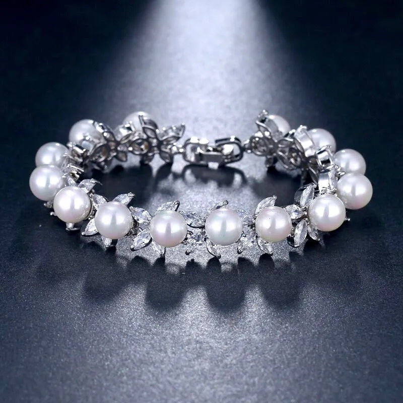 Wedding Jewelry - Pearl and Cubic Zirconia Bridal Bracelet - Available in Silver, Rose Gold and Yellow Gold