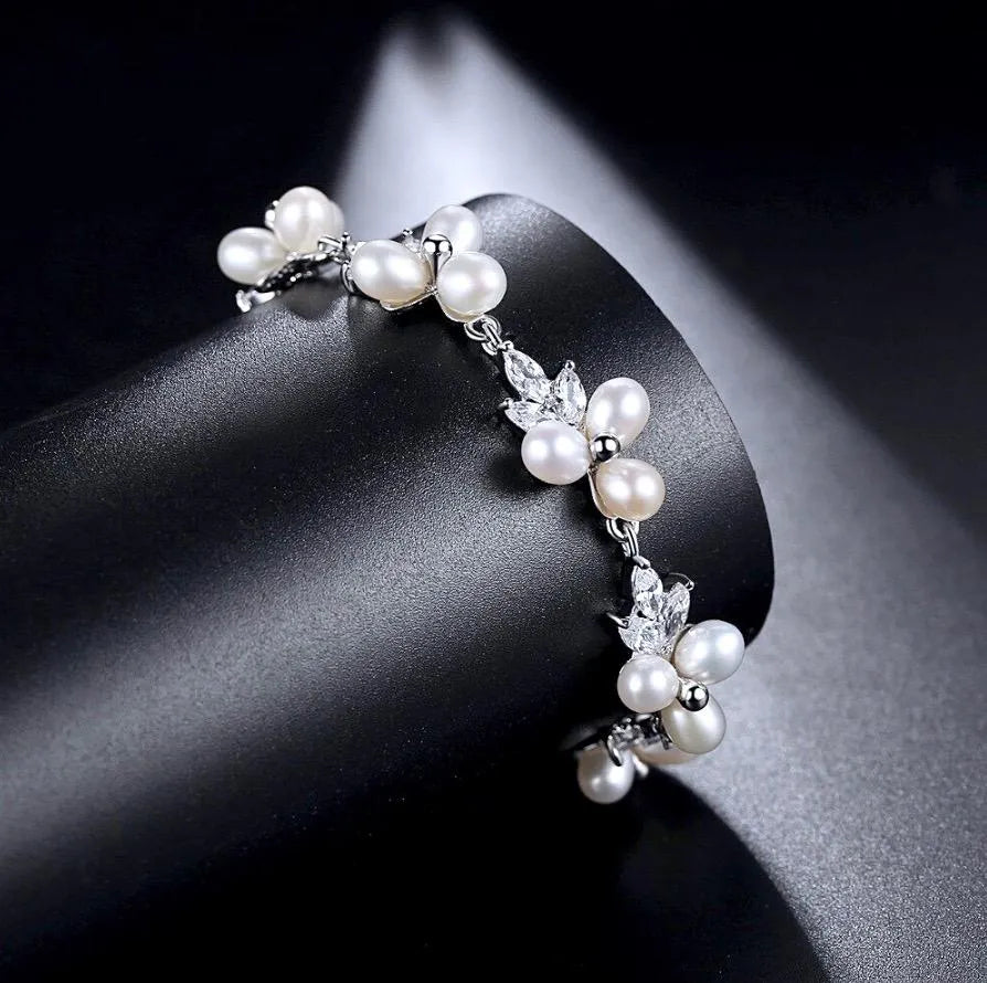 Pearl Wedding Jewelry - Freshwater Pearl and Cubic Zirconia Bridal Bracelet