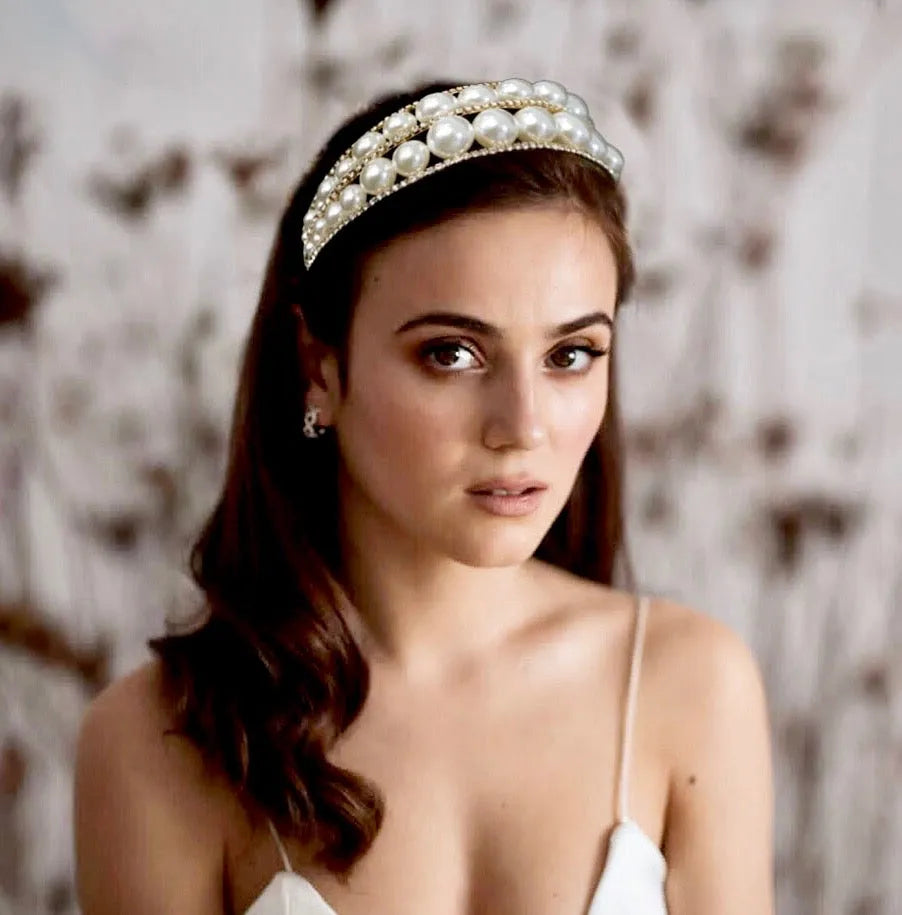 Wedding Hair Accessories - Oversized Double Pearl Bridal Headband / Tiara - Available in Silver and Gold
