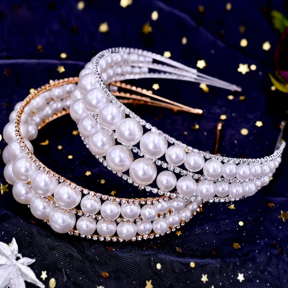 Wedding Hair Accessories - Oversized Double Pearl Bridal Headband / Tiara - Available in Silver and Gold