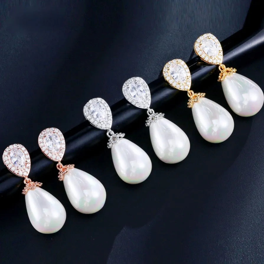 Pearl Wedding Jewelry - Pearl and Cubic Zirconia Bridal Earrings - Available in Rose Gold, Silver and Yellow Gold