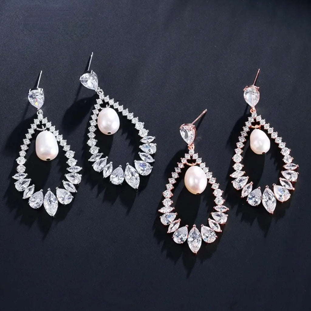 Wedding Jewelry - Pearl and Cubic Zirconia Bridal Earrings - Available in Silver and Rose Gold