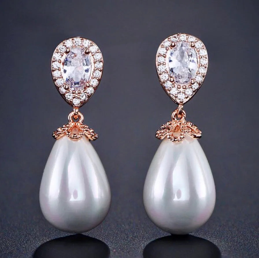 Pearl Wedding Jewelry - Pearl and Cubic Zirconia Bridal Earrings - Available in Rose Gold, Silver and Yellow Gold